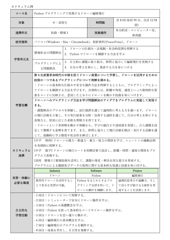 コーディングドローンのカリキュラム案